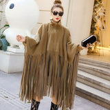 Black Jacket Women Loose Tassels Turtleneck