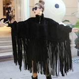 Black Jacket Women Loose Tassels Turtleneck