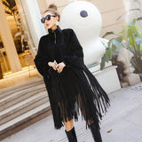 Black Jacket Women Loose Tassels Turtleneck