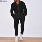 Casual Long Sleeve Shirt And Pants Sets Men Solid Cotton Linen