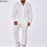 Casual Long Sleeve Shirt And Pants Sets Men Solid Cotton Linen