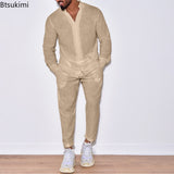 Casual Long Sleeve Shirt And Pants Sets Men Solid Cotton Linen