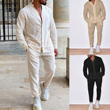 Casual Long Sleeve Shirt And Pants Sets Men Solid Cotton Linen