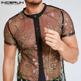 Mesh Shirt Embroidery | Mesh Button Shirt Mens | Incerun Mesh Shirts