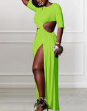 Asymmetrical Neck Slit Maxi Dress Women Solid Color High Waist Fashion