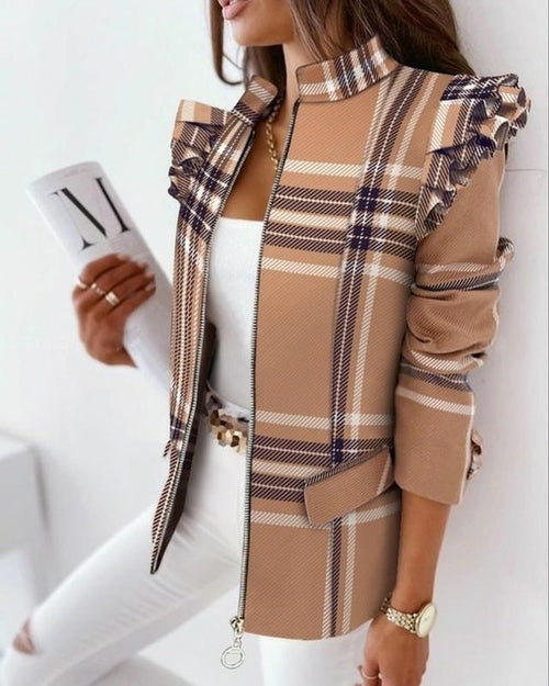 Leopard Printed Ruffled Long sleeved White Jacket