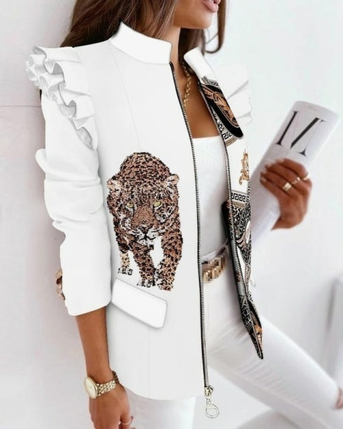 Leopard Printed Ruffled Long sleeved White Jacket