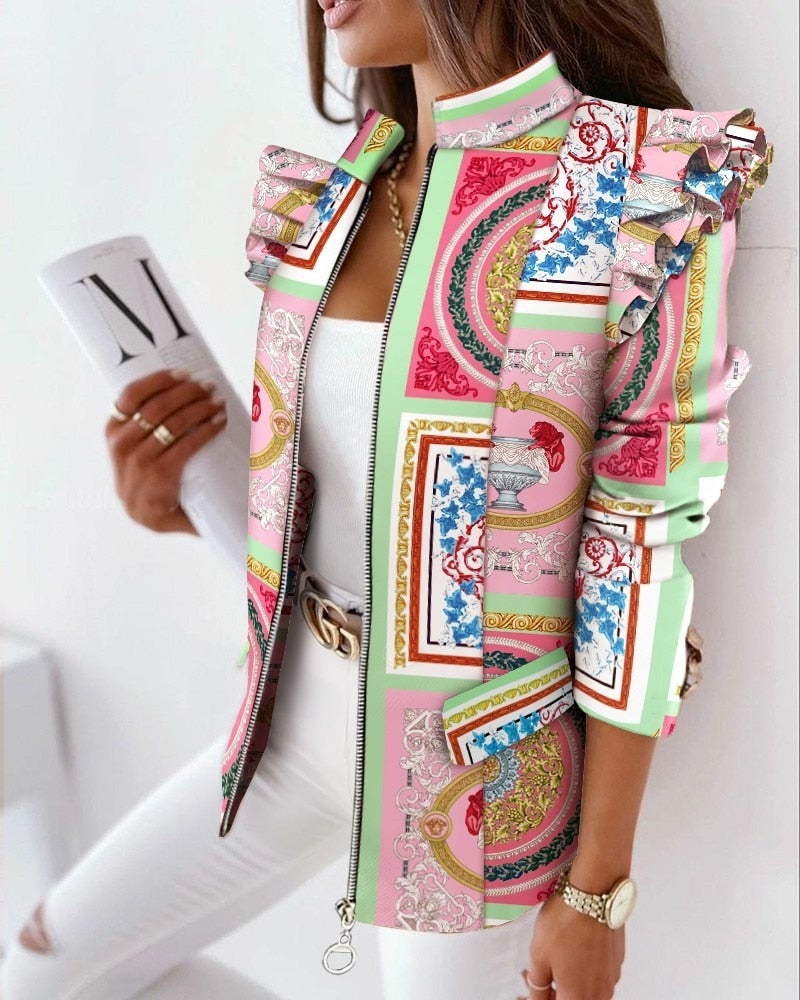 Leopard Printed Ruffled Long sleeved White Jacket