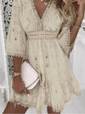 Elegant Lace Mini Dress Women Three Quarter Sleeve Dress Female V Neck