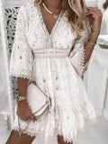 Elegant Lace Mini Dress Women Three Quarter Sleeve Dress Female V Neck