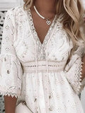 Elegant Lace Mini Dress Women Three Quarter Sleeve Dress Female V Neck