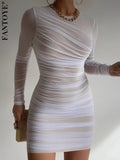 Fantoye Sexy See Through Mesh Ruched Women Dress White Long Sleeve