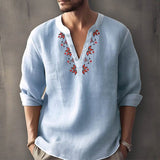 Fashion Graphic Print Mens T Shirt V Neck Buttoned Loose Long Sleeve