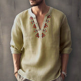 Fashion Graphic Print Mens T Shirt V Neck Buttoned Loose Long Sleeve