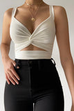 Sexy Cut Out Knotted White Crop Top Summer Sleeveless V Neck Short