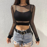 New Women Sexy Mesh Goth Long Sleeve T Shirt See-Through Fishnet Tops