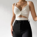 Sexy Cut Out Knotted White Crop Top Summer Sleeveless V Neck Short