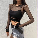 New Women Sexy Mesh Goth Long Sleeve T Shirt See-Through Fishnet Tops