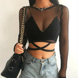 New Women Sexy Mesh Goth Long Sleeve T Shirt See-Through Fishnet Tops