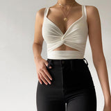 Sexy Cut Out Knotted White Crop Top Summer Sleeveless V Neck Short