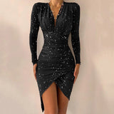 Sexy Women Dress Sequins Glitter Sparkle Deep V Neck Sequins Long