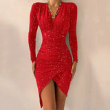 Sexy Women Dress Sequins Glitter Sparkle Deep V Neck Sequins Long