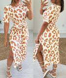 Leopard Print Waist Strap Side Slit Dresses Casual