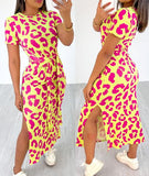 Leopard Print Waist Strap Side Slit Dresses Casual