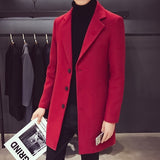 Men Long Cotton Autumn Winter New Wool Blend Pure Color