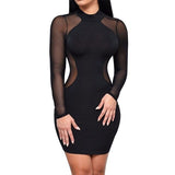 Mesh Patchwork Bodycon Mini Dresses Women | Long Sleeve Evening Party