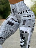 New Trend Women Newspaper Print Butt Lifting Pants Femme Anime High