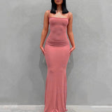 Y2k Women Sexy Bodycon Long Dress Solid Color Spaghetti Strap Low Cut