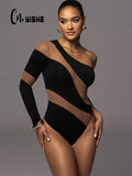 Mesh Patchwork One Shoulder Sexy Club Women Bodysuits Long