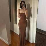 Y2k Women Sexy Bodycon Long Dress Solid Color Spaghetti Strap Low Cut