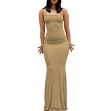 Y2k Women Sexy Bodycon Long Dress Solid Color Spaghetti Strap Low Cut