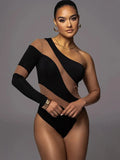 Mesh Patchwork One Shoulder Sexy Club Women Bodysuits Long