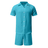 Men's Summer Polo Collar Cotton Linen Two Piece Set Solid