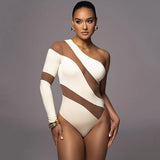 Mesh Patchwork One Shoulder Sexy Club Women Bodysuits Long