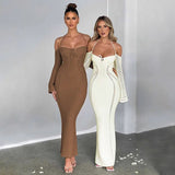 Spaghetti Strap Elegant Long Sleeve Party Club Slim Long Dresses