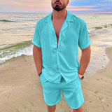 Men's Summer Polo Collar Cotton Linen Two Piece Set Solid