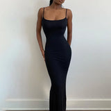 Y2k Women Sexy Bodycon Long Dress Solid Color Spaghetti Strap Low Cut