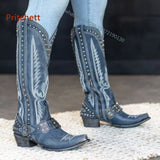 Rivet Embroidery Cowgirl Boots Pointed Toe Zip Adult Women's Knight