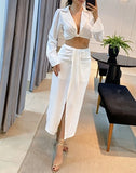 Women Two Pieces Set  with Deep V Neck Twisted Long Sleeve Crop