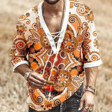 Men's Vintage Printed V-Neck Lace-Up