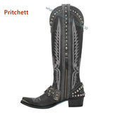 Rivet Embroidery Cowgirl Boots Pointed Toe Zip Adult Women's Knight