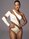 Mesh Patchwork One Shoulder Sexy Club Women Bodysuits Long