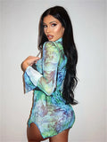 wsevypo See Through Floral Print Mesh Bodycon Mini Dress Women Sexy