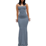 Y2k Women Sexy Bodycon Long Dress Solid Color Spaghetti Strap Low Cut