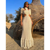 Sexy White Lace Women Dress Turtleneck Tassel Sleeve Slim Naked Waist