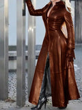 PU Leather Long Dress For Women Solid Color Slim Zipper Dresses Stand